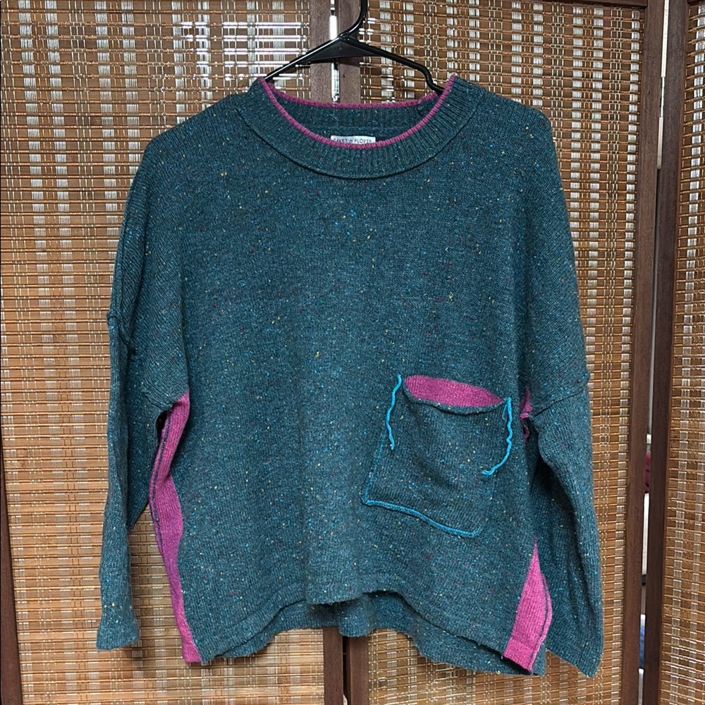Blue and Pink Crew Neck Sweater with Textured Design